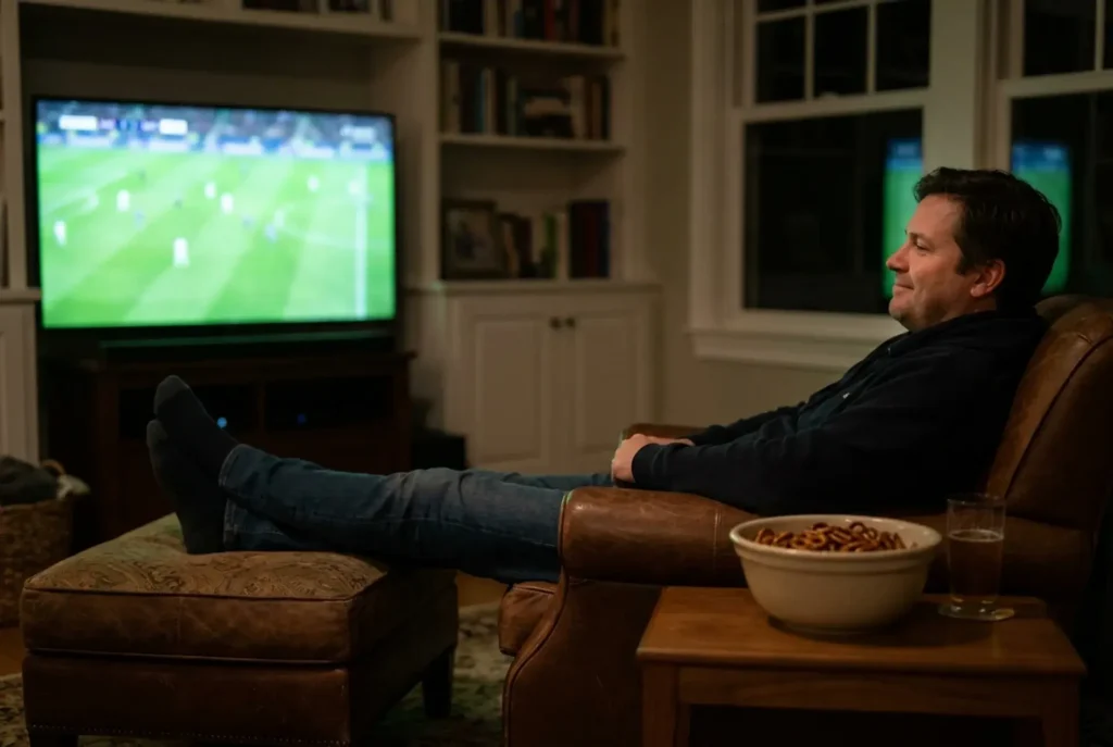 Abonné détendu dans son fauteuil devant un match du soir, formule Sérénité 12 mois